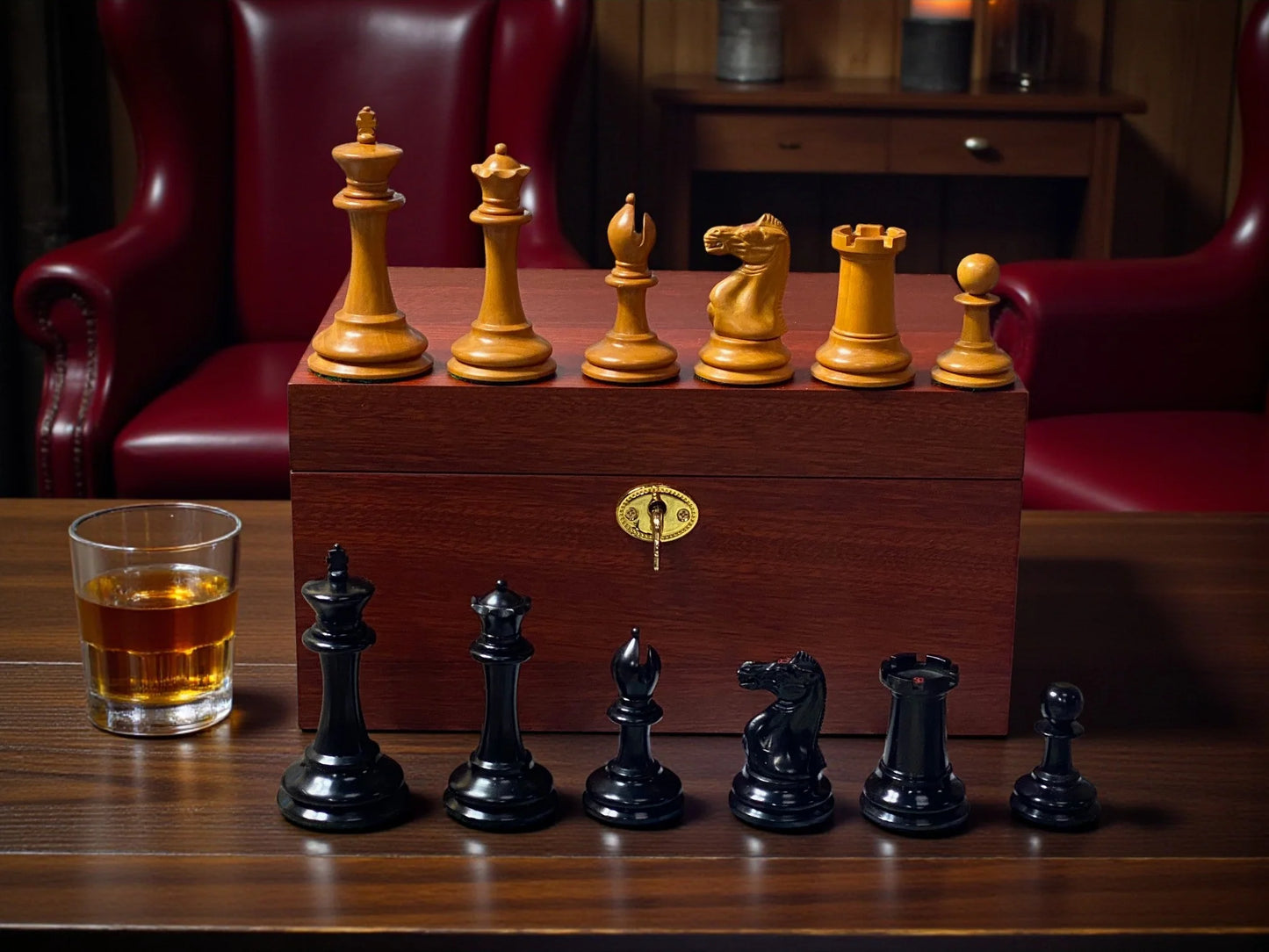 3.5" 1862 Staunton Antique Reproduction Chessmen with Mahogany Deluxe Box