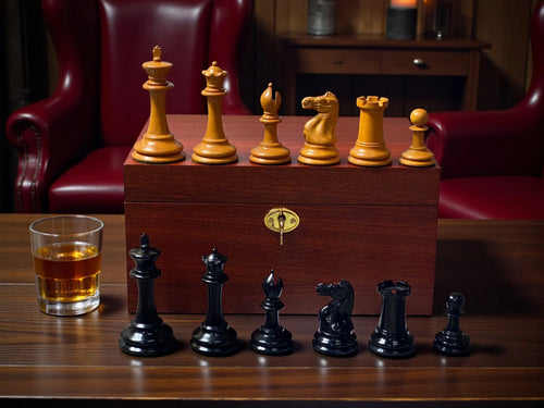 3.5" 1862 Staunton Antique Reproduction Chessmen with Mahogany Deluxe Box