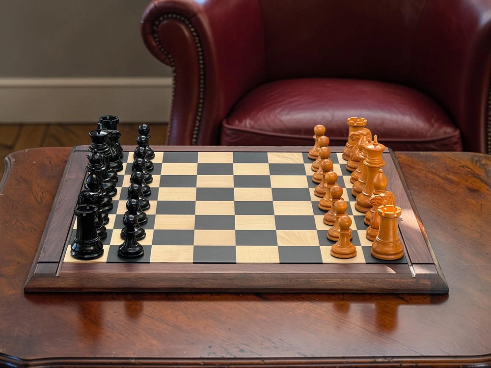 4.4" 1850 Antique and Ebony Chessmen, Deluxe Mahogany Box & Ebony Rosewood Board