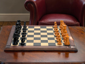 4.4" 1850 Antique and Ebony Chessmen, Deluxe Mahogany Box & Ebony Rosewood Board