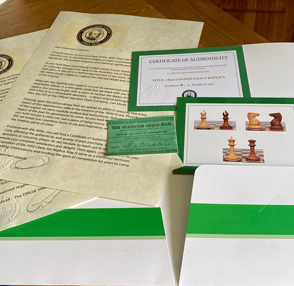1850 London 3.5" Antique Boxwood Ebony Chessmen and Mahogany Slide Box